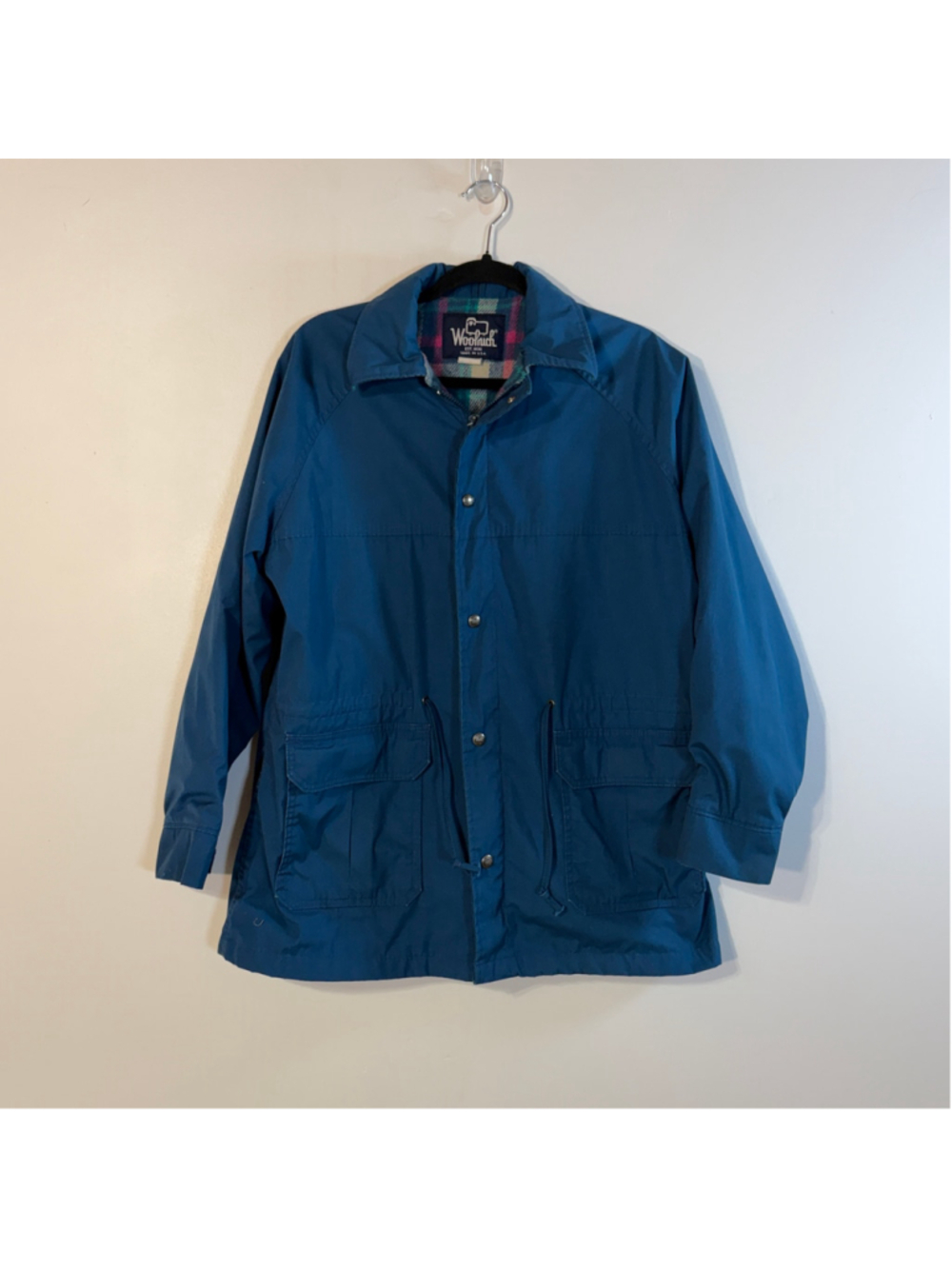 Vintage Woolrich Field Jacket Parka Women's Large Blue Plaid Wool Lined USA